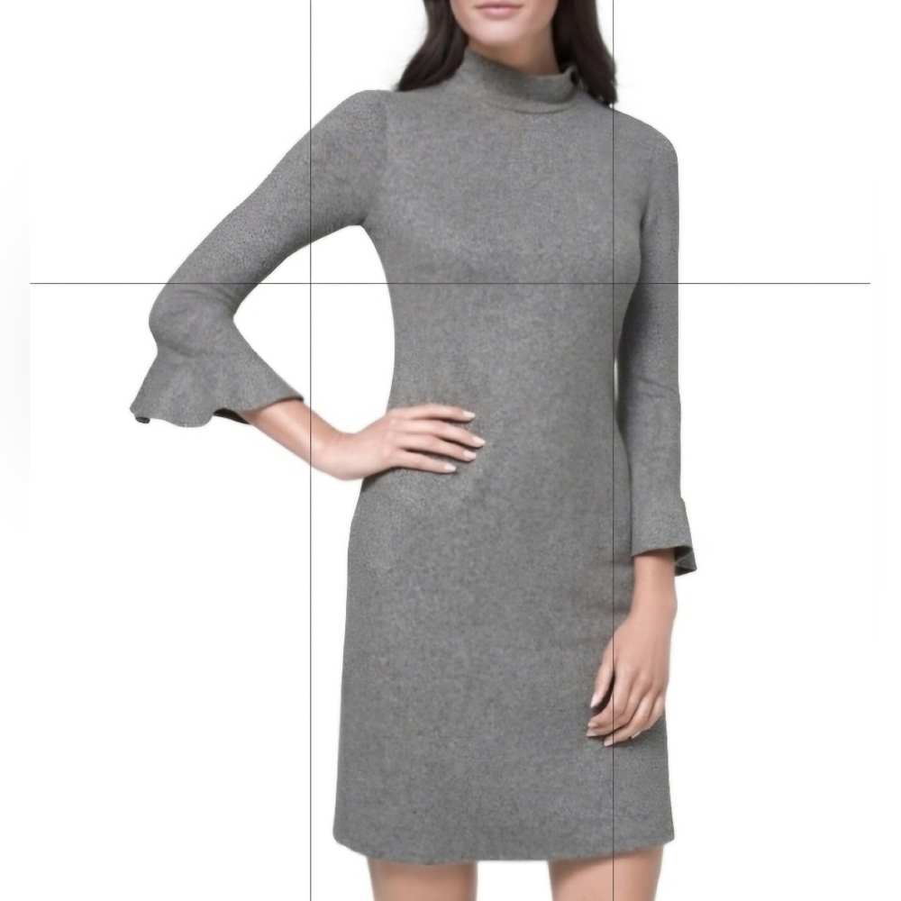 WHBM Metallic Silver Gray Mock Turtleneck Knit Dress w Flutter Cuff Sleeves‎